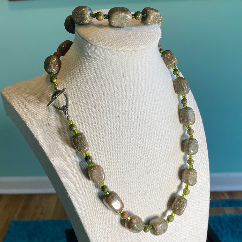 Unakite Jasper Beaded Necklace and Bracelet Set